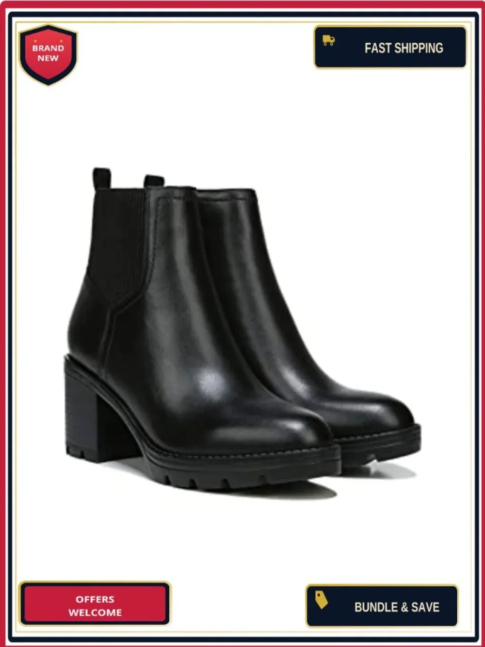 Waterproof Leather Ankle Bootie with Lug Sole, Side Zip, Block Heel